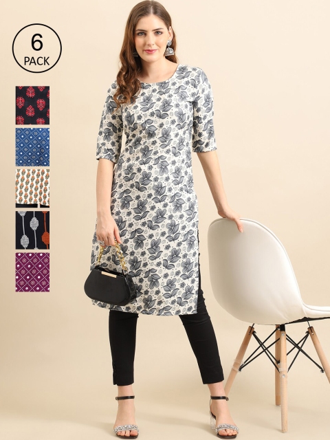 

7Threads Women Set Of 6 Violet & Grey Floral Printed Crepe Kurta