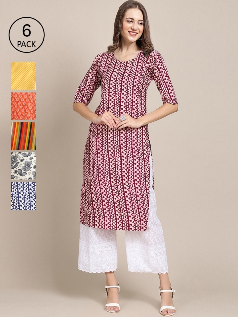 

7Threads Women's Crepe Multi Color Digital Printed Straight Kurta [PACK OF 6]