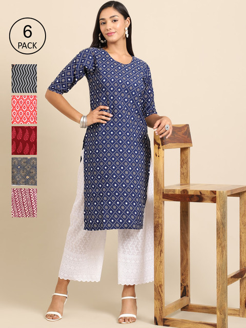 

7Threads Women Pack Of 6 Printed Crepe Kurta, Blue