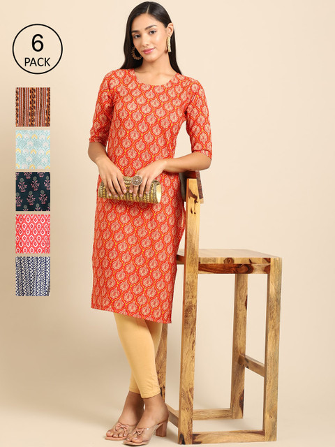 

7Threads Women Pack Of 6 Printed Floral Printed Crepe Kurta, Red