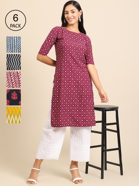 

7Threads Pack of 6 Women Multicoloured & Yellow Floral Printed Crepe Kurta, Multi