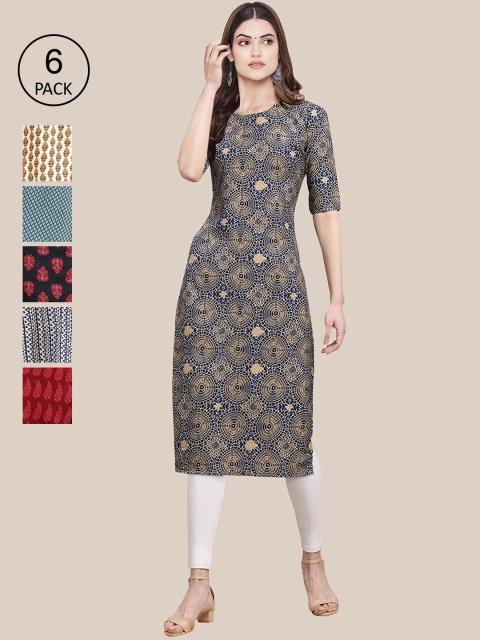 

7Threads Women Pack of 6 Ethnic Motifs Printed Crepe Kurta, Olive