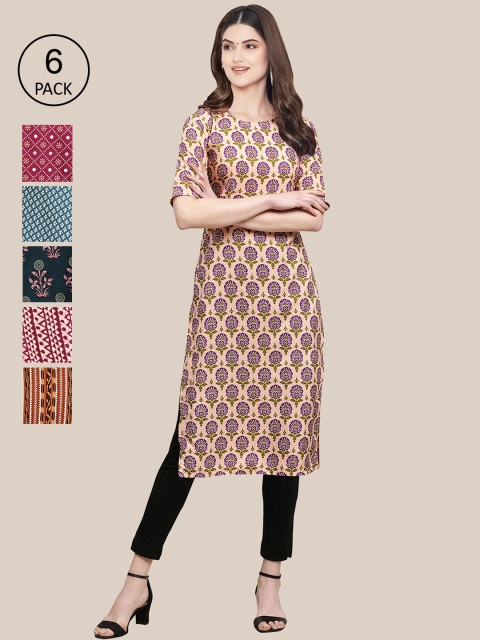 

7Threads Women Pack of 6 Geometric Printed Crepe Kurta, Peach