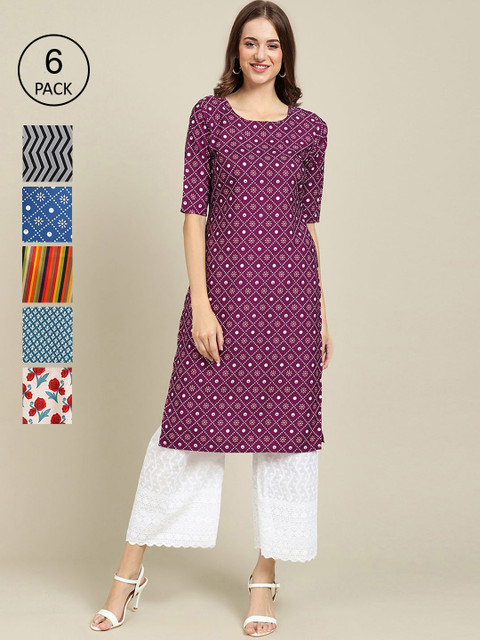 

7Threads Women Multicoloured Pack of 6 Digital Printed Straight Kurta, Multi