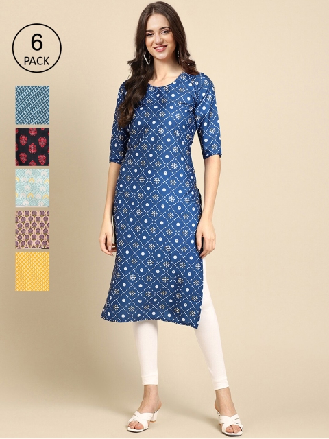 

7Threads Women Multicoloured Pack of 6 Digital Printed Straight Kurtas, Multi