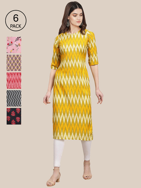 

7Threads Women Multicoloured Pack of 6 Digital Printed Straight Kurtas, Multi