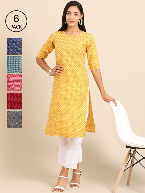 

7Threads Women Multicoloured Pack of 6 Digital Printed Straight Kurta, Multi