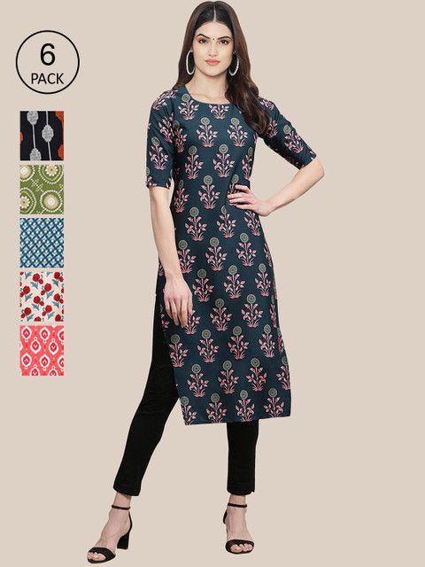 

7Threads Women Multicoloured Pack of 6 Digital Printed Straight Kurt, Multi