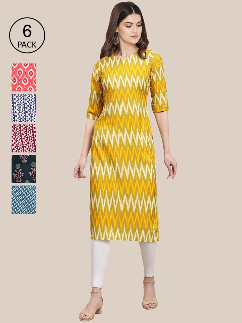 

7Threads Women Yellow & Blue Pack Of 6 Geometric Printed Block Print Crepe Kurta