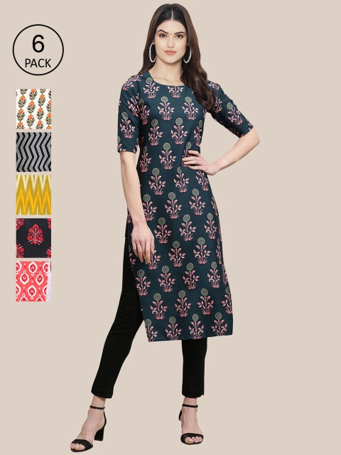 

7Threads Women Blue & Yellow Pack Of 6 Geometric Printed Crepe Kurta