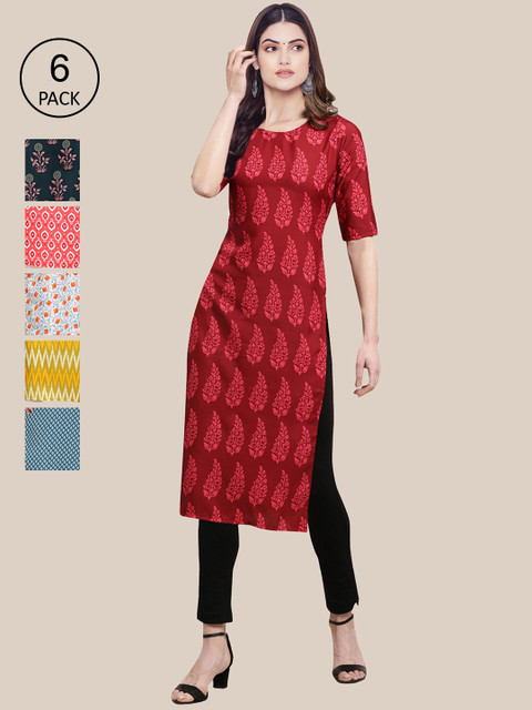 

7Threads Women Red & Yellow Pack Of 6 Geometric Printed Block Print Crepe Kurta