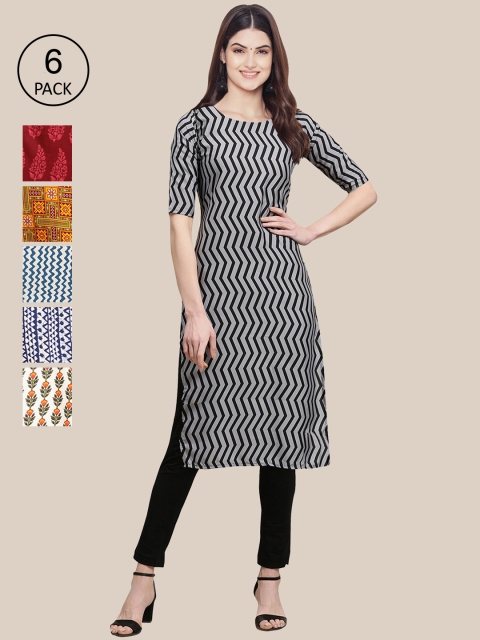 

7Threads Women Blue & Red Pack Of 6 Geometric Printed Crepe Kurta