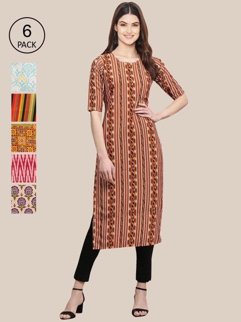 

7Threads Women Brown & Pink Pack Of 6 Geometric Printed Block Print Crepe Kurta
