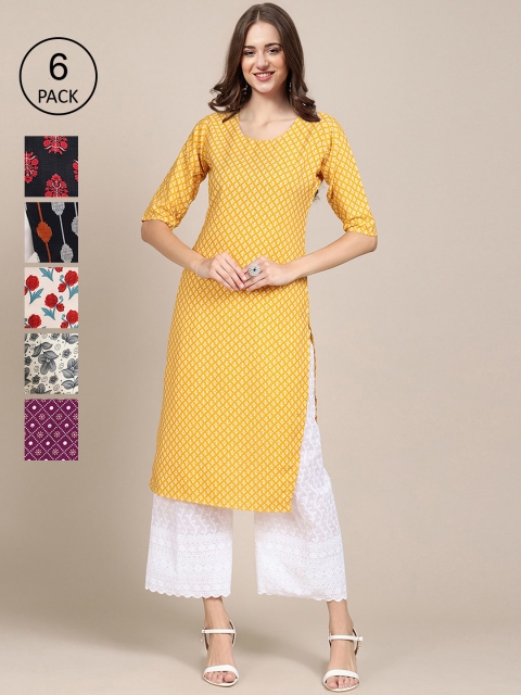 

7Threads Women Yellow & Black Pack Of 6 Geometric Printed Block Print Crepe Kurta