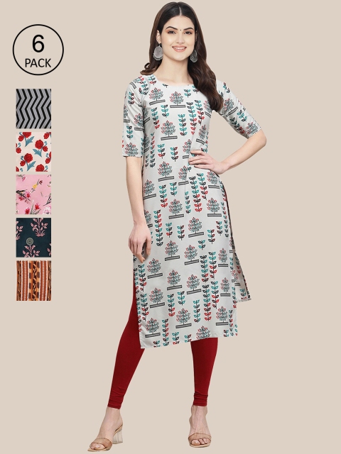 

7Threads Women Blue & Pink Pack Of 6 Geometric Printed Block Print Crepe Kurta