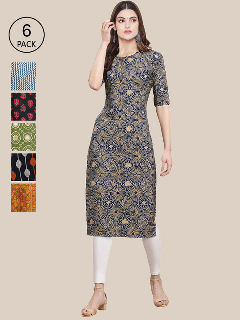 

7Threads Women Blue & Green Pack Of 6 Geometric Printed Block Print Crepe Kurta