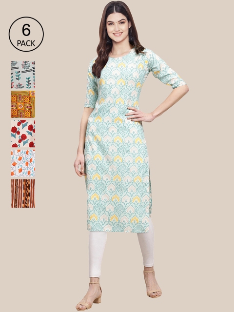 

7Threads Women Blue & Off White Pack Of 6 Geometric Printed Block Print Crepe Kurta