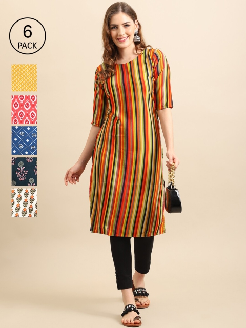 

7Threads Women Yellow & Blue Pack Of 6 Geometric Printed Block Print Crepe Kurta