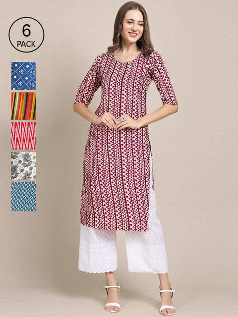 

7Threads Women Maroon & Orange Pack of 6 Geometric Printed Crepe Kurtas