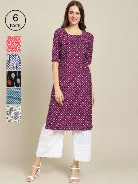 

7Threads Women Purple & Blue Pack of 6 Floral Printed Crepe Kurtas