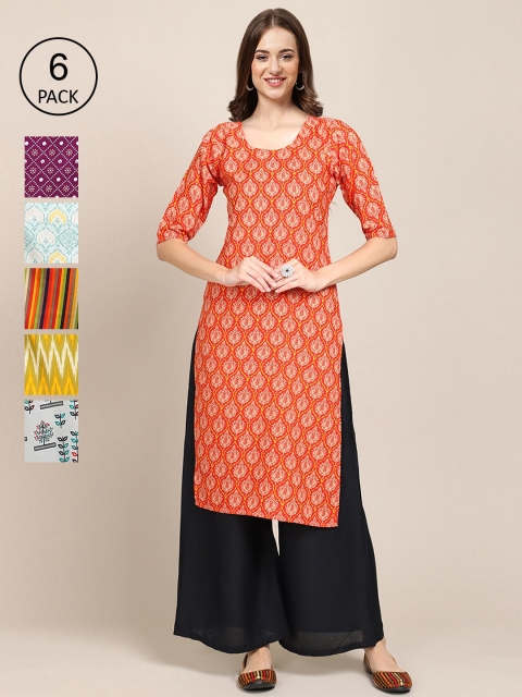 

7Threads Women Orange & Purple Pack of 6 Floral Printed Crepe Kurtas