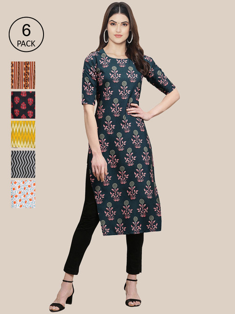 

7Threads Women Teal & Yellow Pack of 6 Floral Printed Crepe Kurtas