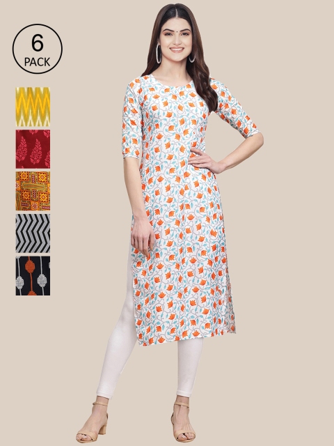 

7Threads Women Orange & Yellow Pack of 6 Floral Printed Crepe Kurtas