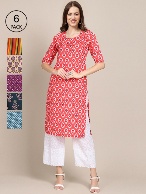 

7Threads Women Coral & Purple Pack of 6 Floral Printed Crepe Kurtas