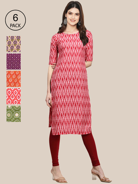 

7Threads Women Red & Purple Pack of 6 Geometric Printed Crepe Kurtas