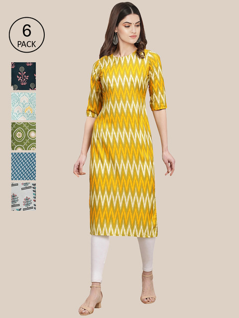 

7Threads Women Yellow & Green Pick of 6 Geometric Printed Crepe Kurtas