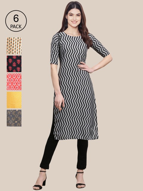 

7Threads Women Black & Red Pack of 6 Floral Printed Crepe Kurtas