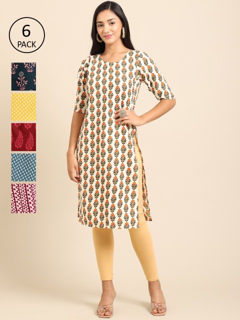 

7Threads Women Cream-Coloured & Yellow Pack of 6 Floral Printed Crepe Kurtas