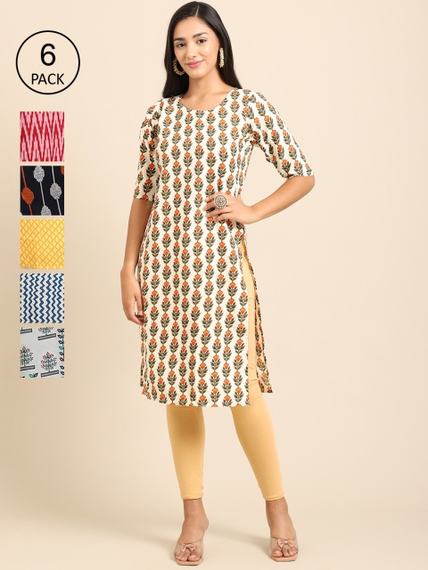 

7Threads Women Cream-Coloured & Yellow Pack of 6 Floral Printed Crepe Kurtas