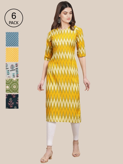 

7Threads Women Yellow & Blue Pack of 6 Floral Printed Crepe Kurtas