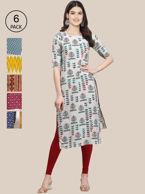 

7Threads Women Grey & Blue Pack of 6 Floral Printed Crepe Kurtas
