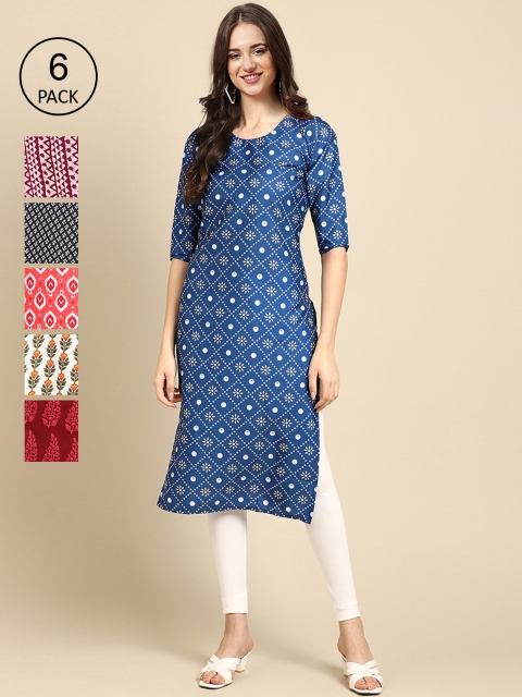 

7Threads Women Blue & Black Pack of 6 Geometric Printed Crepe Kurtas