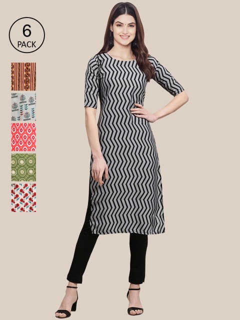 

7Threads Women Set Of 6 Pink & Grey Ethnic Motifs Printed Crepe Kurta