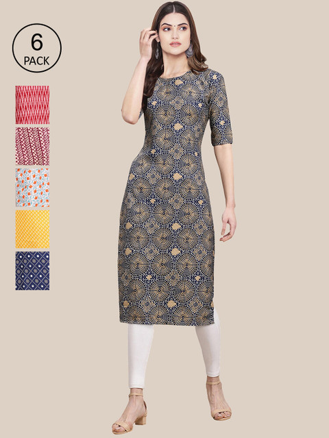 

7Threads Women Set Of 6 Pink & Yellow Floral Printed Crepe Kurta