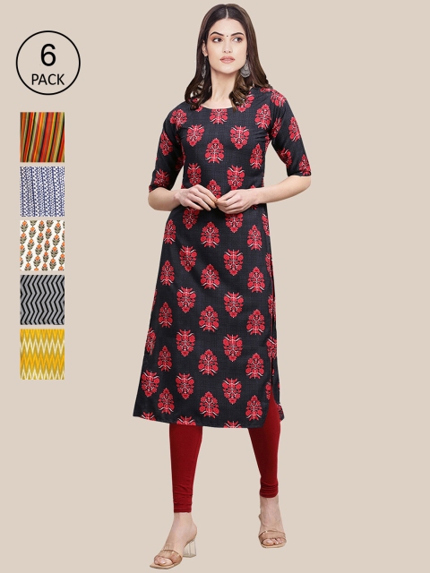 

7Threads Women Set Of 6 Multicoloured Striped Crepe Kurta, Multi
