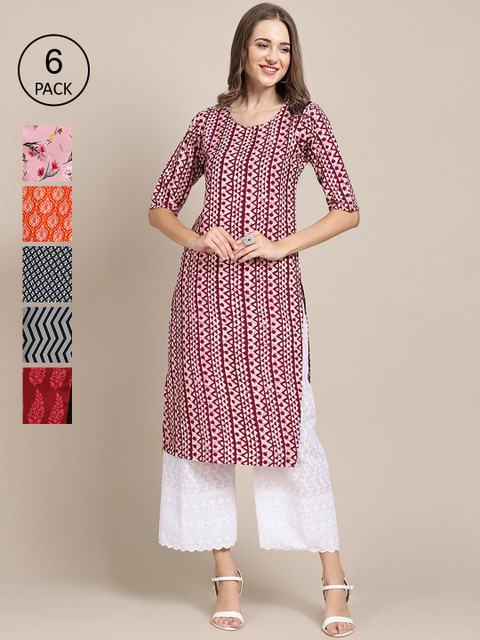 

7Threads Women Pack Of 6 Multicoloured Geometric Printed Crepe Kurta, Multi