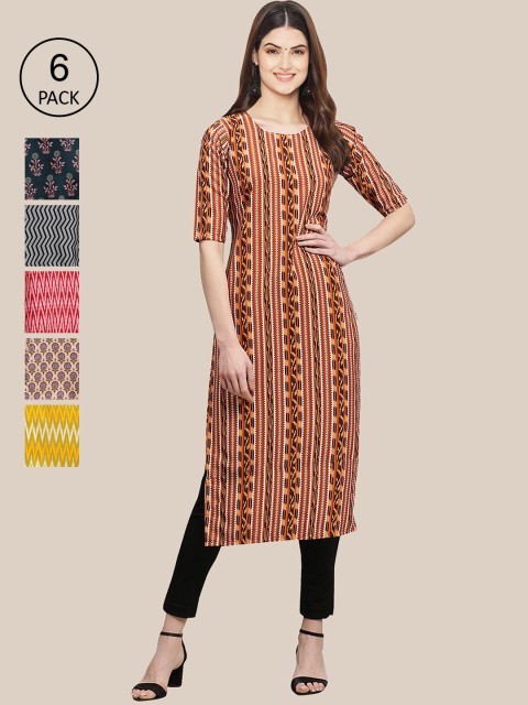 

7Threads Women Pack Of 6 Multicoloured Geometric Printed Crepe Kurta, Multi