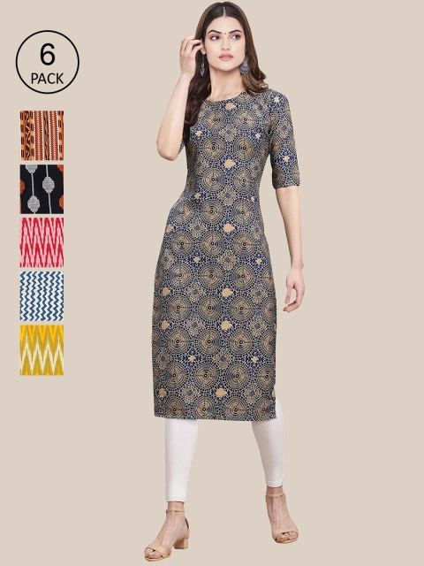 

7Threads Women Pack Of 6 Multicoloured Geometric Printed Crepe Kurta, Multi