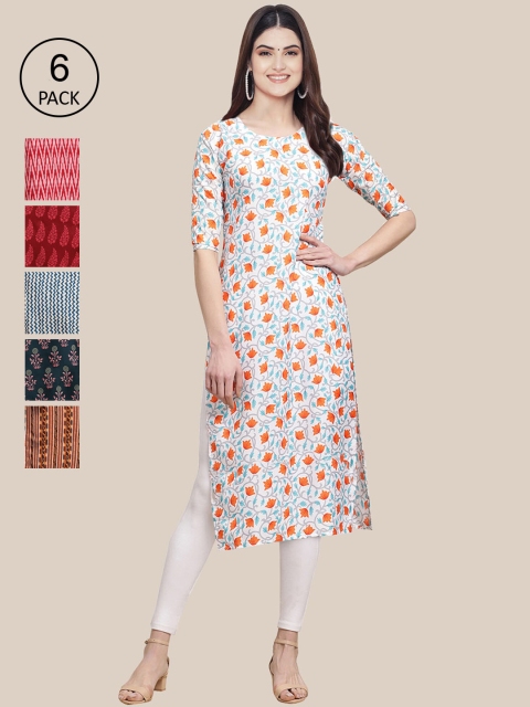 

7Threads Women Pack Of 6 Multicoloured Geometric Printed Crepe Kurta, Multi