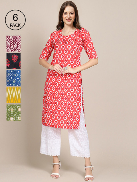 

7Threads Women Pack Of 6 Multicoloured Geometric Printed Crepe Kurta, Multi