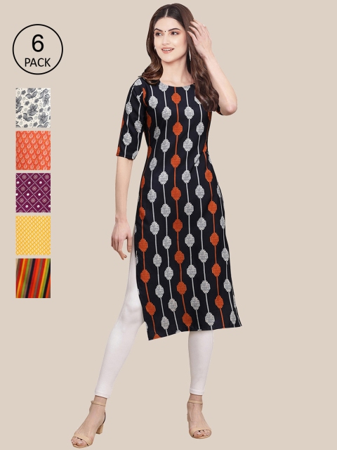 

7Threads Women Pack Of 6 Multicoloured Geometric Printed Crepe Kurta, Multi