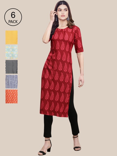 

7Threads Women Pack Of 6 Multicoloured Geometric Printed Crepe Kurta, Multi
