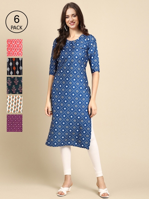 

7Threads Women Pack Of 6 Multicoloured Geometric Printed Crepe Kurta, Multi