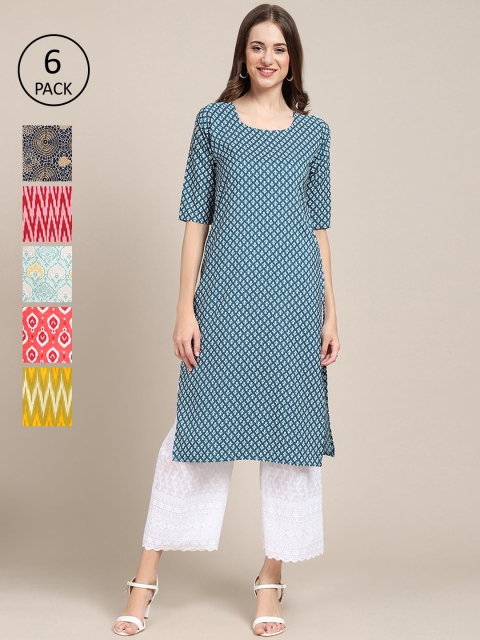 

7Threads Women Pack Of 6 Multicoloured Geometric Printed Crepe Kurta, Multi