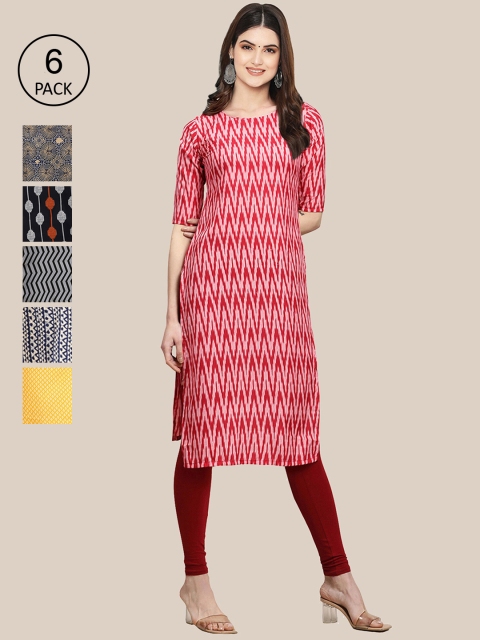 

7Threads Women Pack Of 6 Multicoloured Geometric Printed Crepe Kurta, Multi