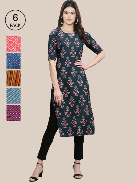 

7Threads Women Pack Of 6 Multicoloured Geometric Printed Crepe Kurta, Multi